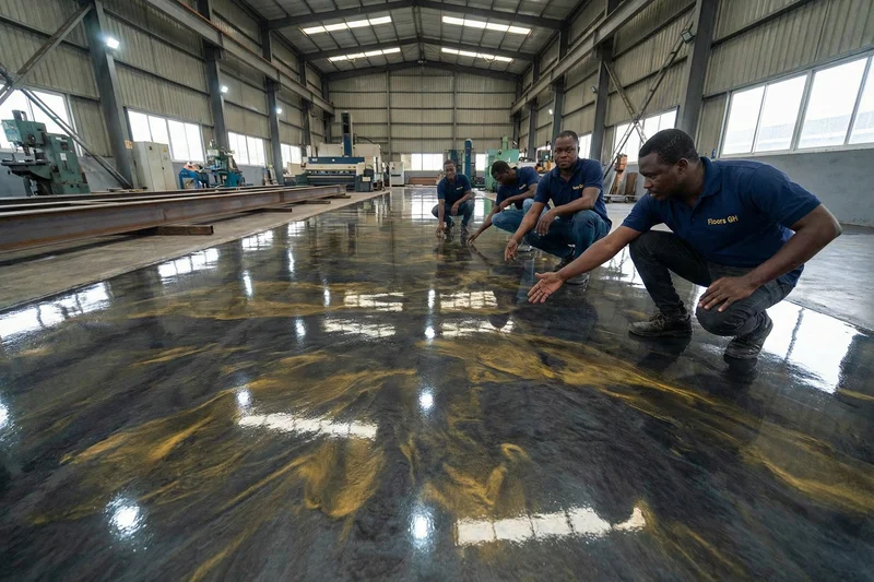 After: gleaming premium metallic epoxy floor in a Tema factory by Floors GH