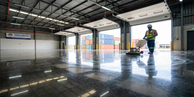 High-gloss polished concrete in an industrial warehouse in Takoradi, Ghana