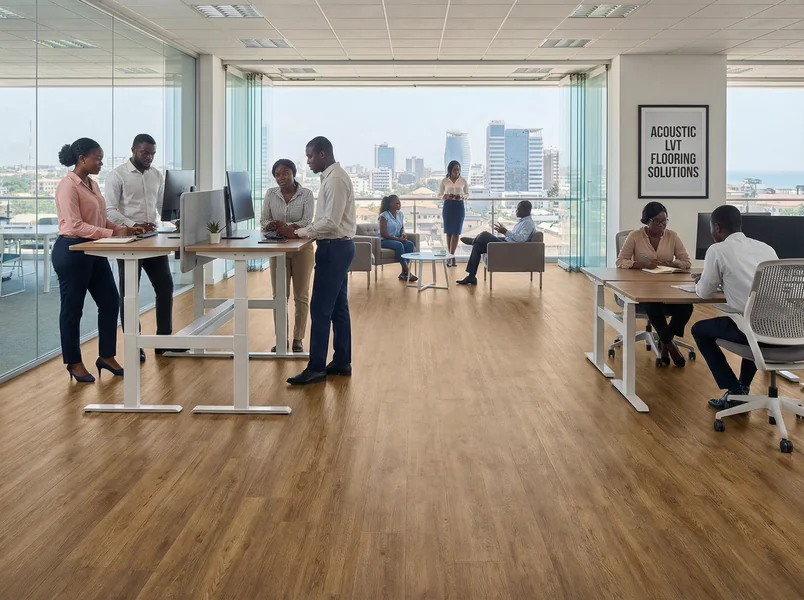 Acoustic LVT flooring in an open-plan corporate office in Accra, Ghana