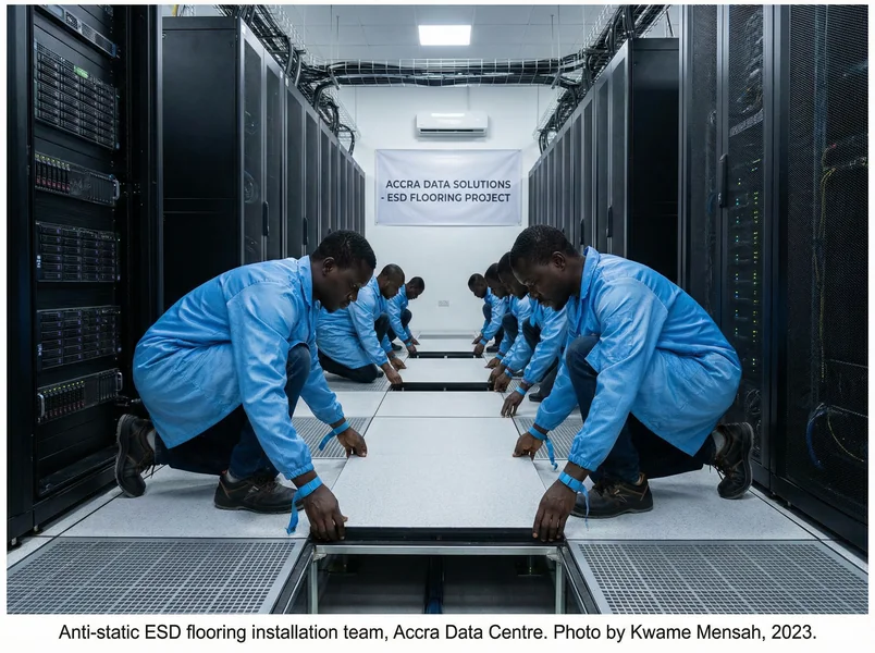 Floors GH team installing ESD flooring in a data centre in Accra, Ghana