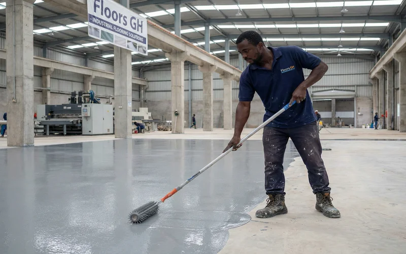 Self-levelling epoxy flooring in an industrial factory in Tema, Ghana