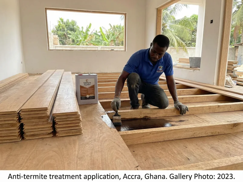 Anti-termite treatment application before hardwood floor installation in Ghana