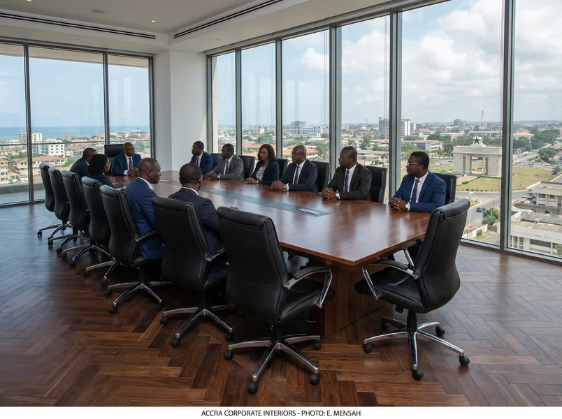Smoked oak engineered hardwood in a premium boardroom in Accra, Ghana