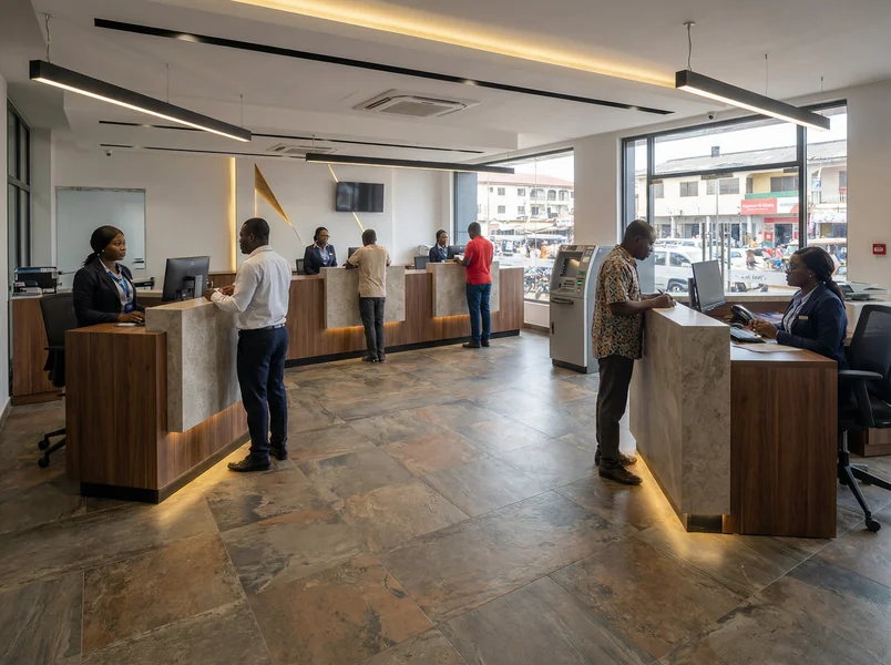 Luxury vinyl plank flooring in a premium bank lobby in Kumasi, Ghana