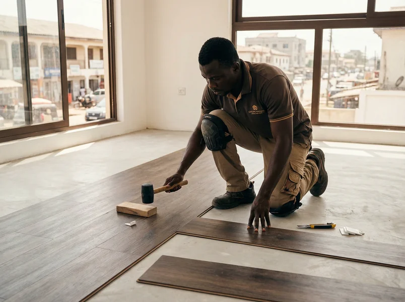 Team installing click-lock LVT flooring in a corporate office in Ghana
