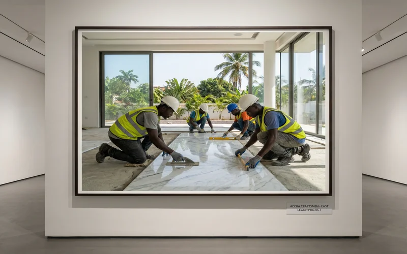 Team installing marble tiles in a luxury villa in Accra, Ghana