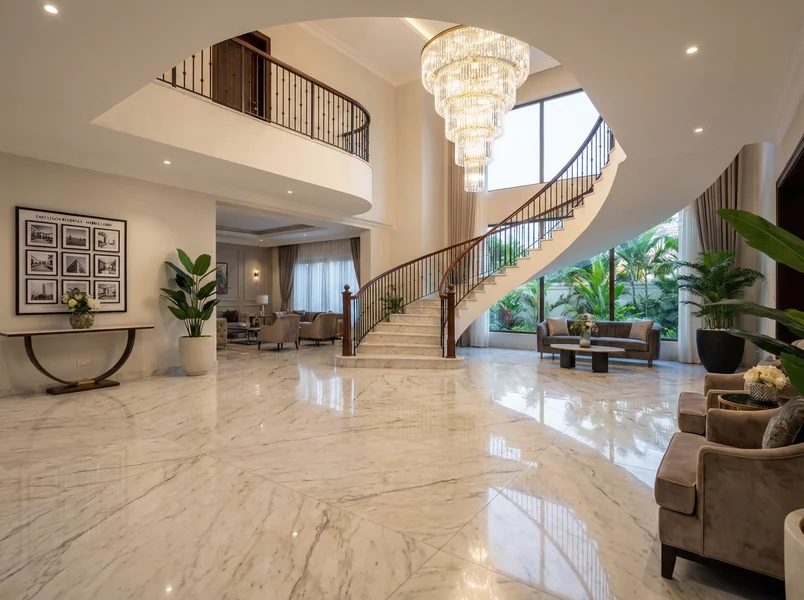 Polished Carrara marble floor in a luxury villa lobby in East Legon, Accra, Ghana