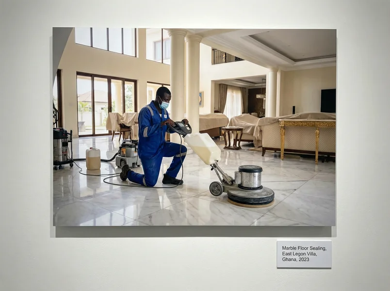 Worker applying humidity sealer to marble floor in East Legon, Ghana
