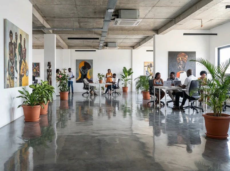 Polished concrete floor in a creative corporate office in Accra, Ghana