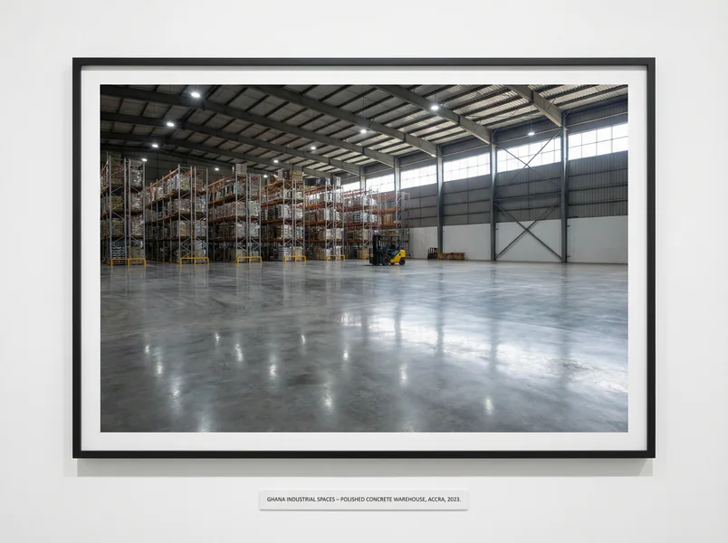Completed high-gloss polished concrete floor in an industrial facility in Ghana