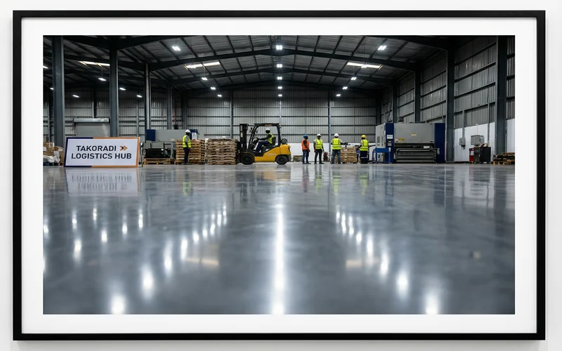 Workers grinding concrete to high gloss in an industrial warehouse in Takoradi, Ghana